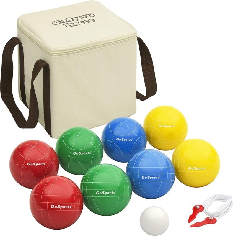 GoSports bocce ball set with red, green, blue, and yellow balls, a white pallino, and a storage bag