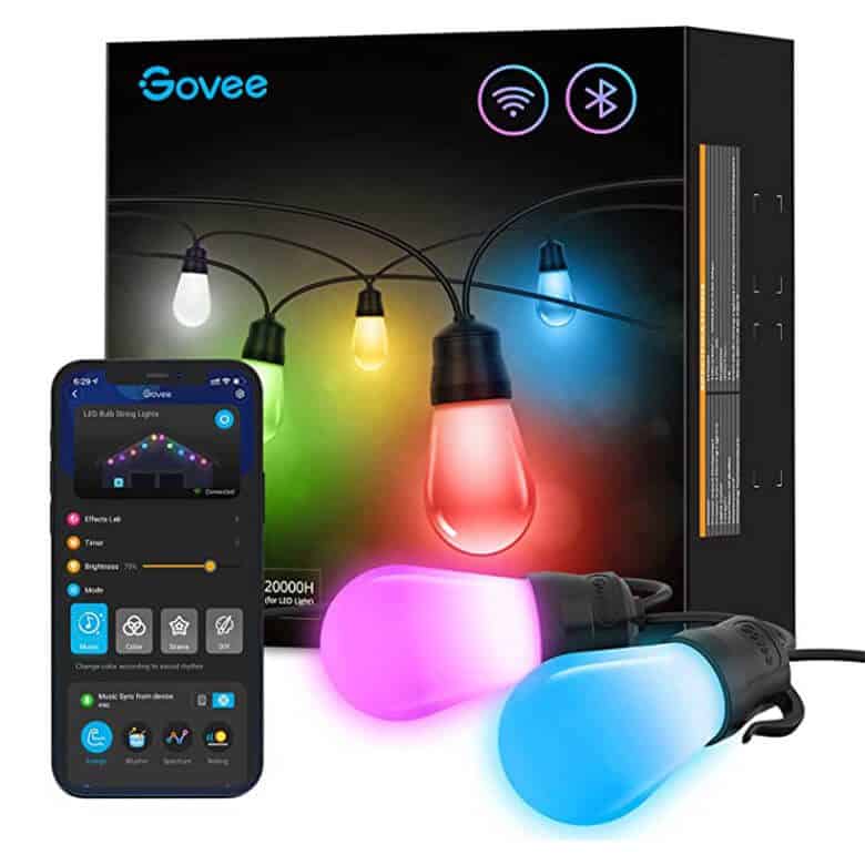 Govee smart LED string lights with multicolor bulbs, shown with a smartphone app for WiFi and Bluetooth control