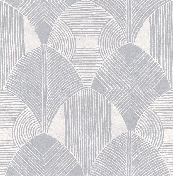 Gray and white geometric patterned wallpaper with overlapping curved shapes and fine line details