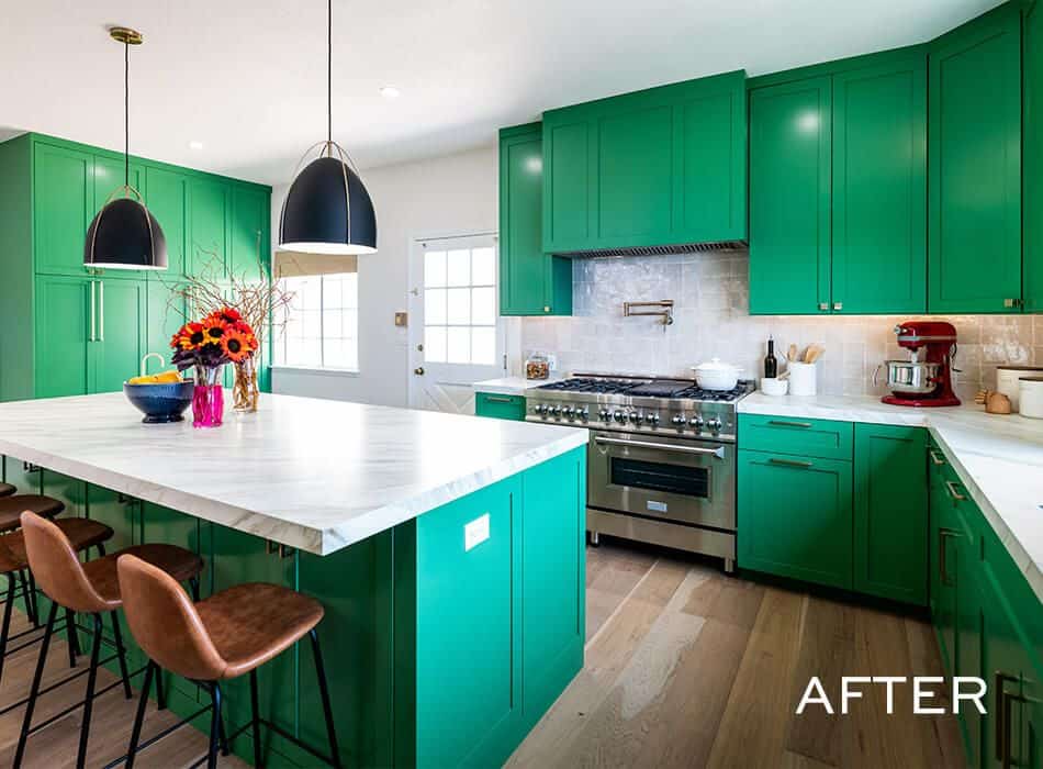 Modern kitchen with green cabinets and marble countertops