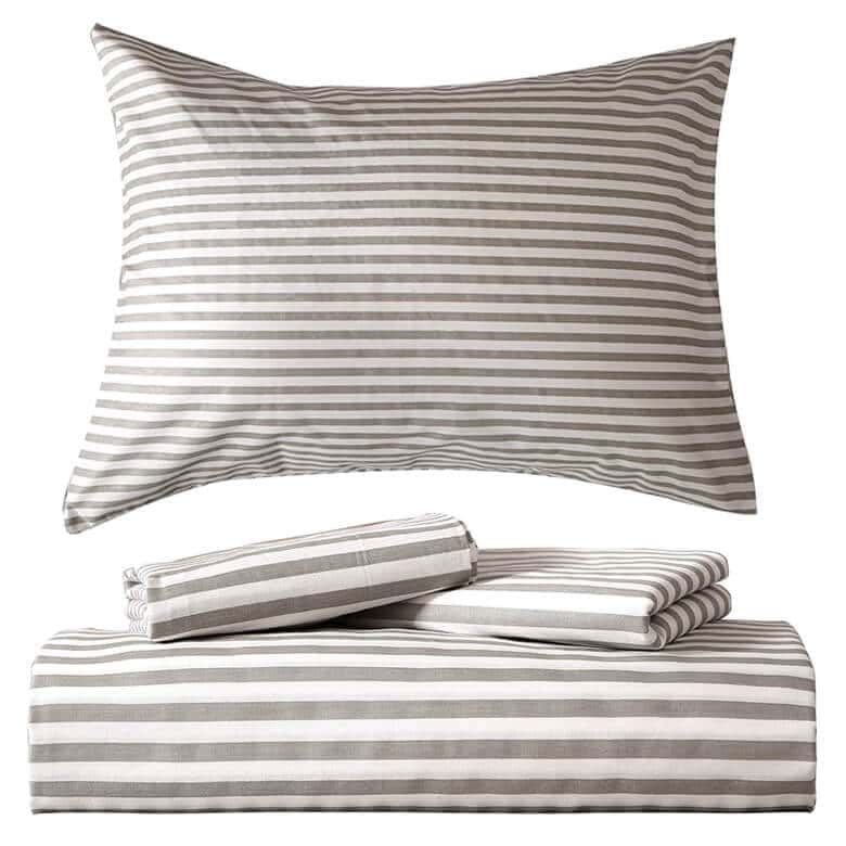 Gray and white striped bed sheet set with pillowcase, flat sheet, and fitted sheet