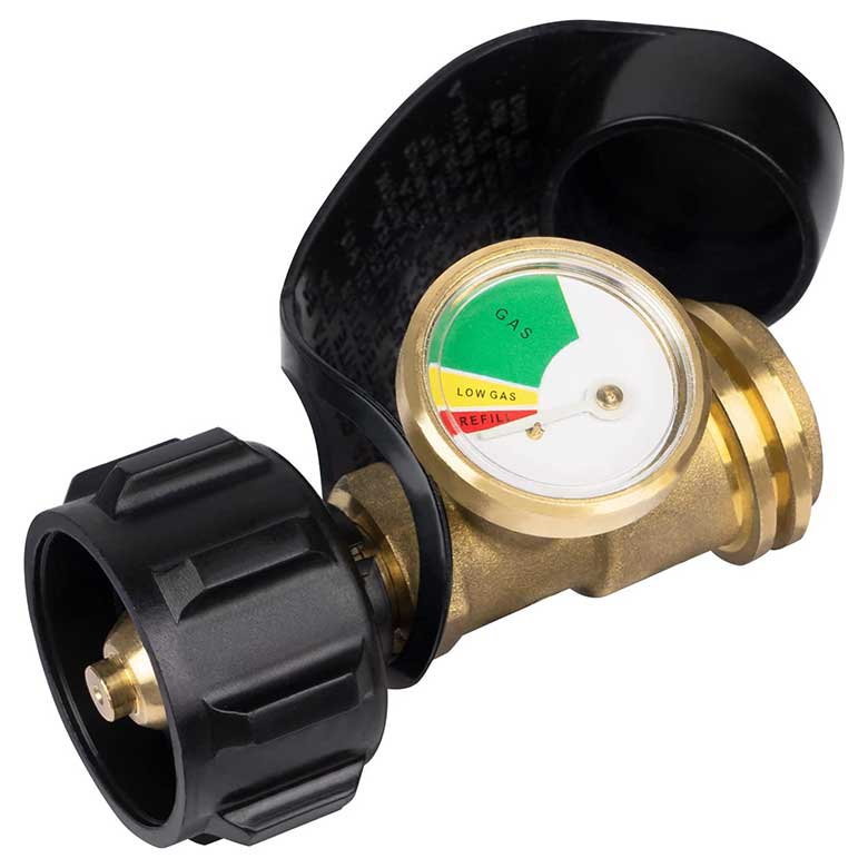 A propane tank gauge level indicator with a black plastic cover