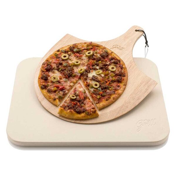 Freshly baked pizza with olives and meat toppings on a wooden pizza peel and baking stone