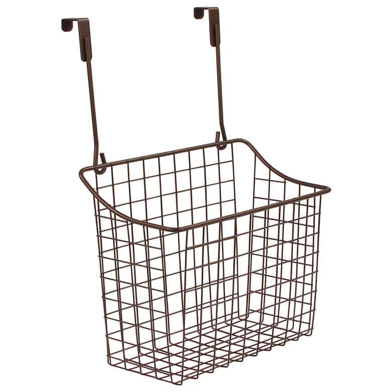 A hanging wire basket with a bronze finish, and two hooks at the top