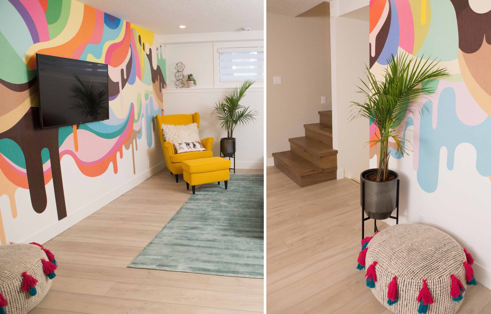 Vibrant living space with a colorful mural, yellow armchair, teal rug, and modern decor