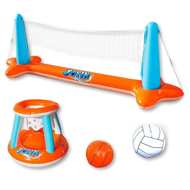 Inflatable pool volleyball and basketball set with net, hoop, and balls