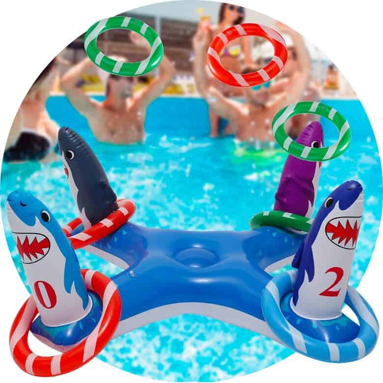 Inflatable pool ring toss game with sharks and colorful rings