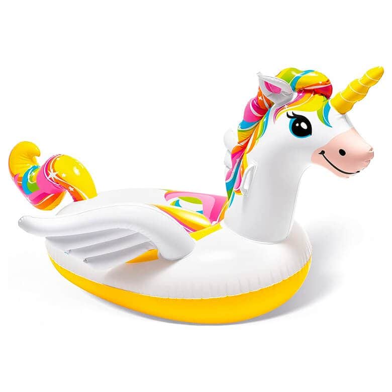 Inflatable unicorn pool float with rainbow accents, wings, and a yellow base