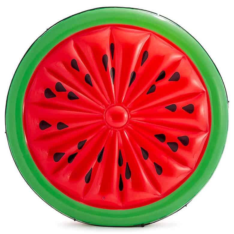Watermelon-themed inflatable pool float with vibrant red and green design
