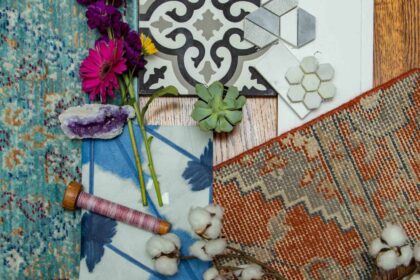 Interior design mood board with textiles, tiles, flowers, and natural elements