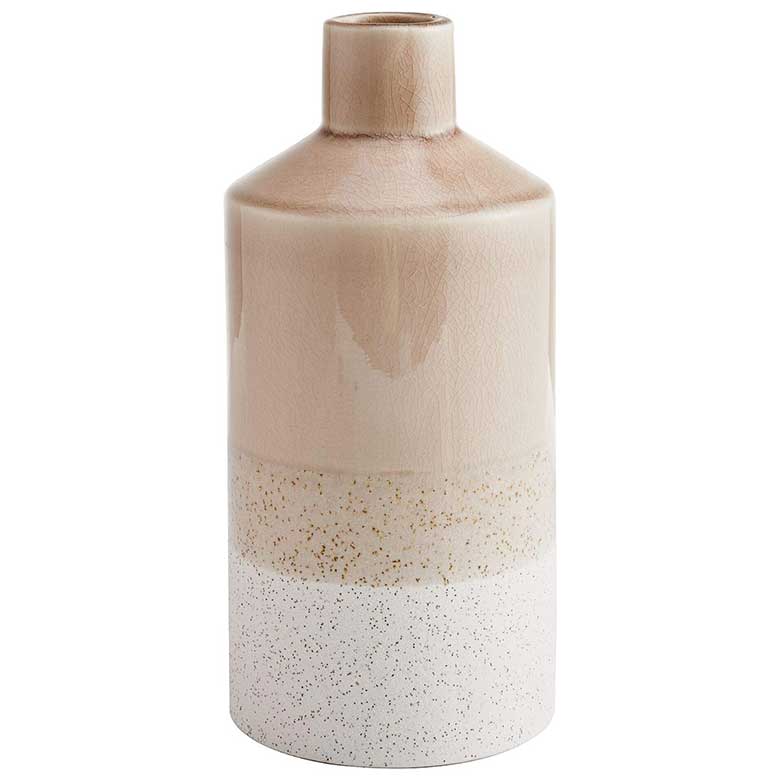 Tall ceramic vase with a narrow neck, featuring a beige and white speckled gradient finish