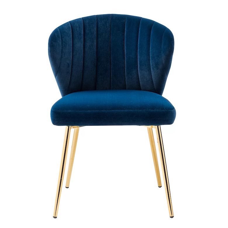 Blue velvet accent chair with curved backrest and gold metal legs