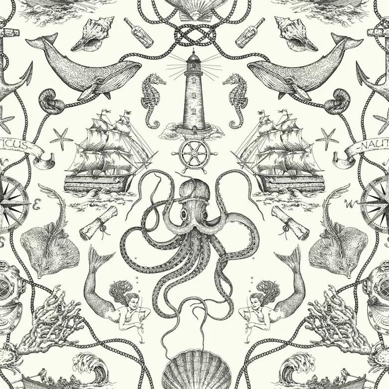 Nautical wallpaper with vintage sketches of sea life, ships, and a lighthouse