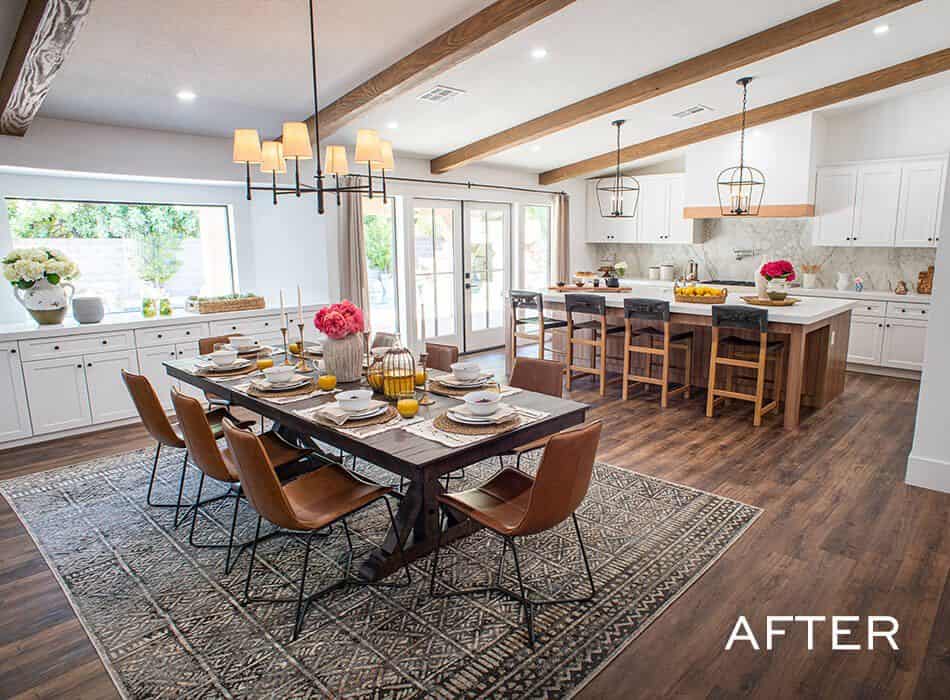 Modern farmhouse dining and kitchen with open layout, wood accents, and bright decor