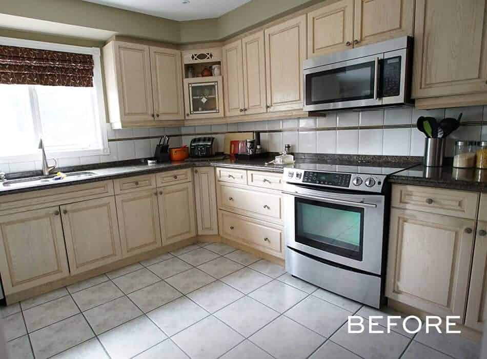Pre-renovation kitchen with beige cabinetry and countertop appliances