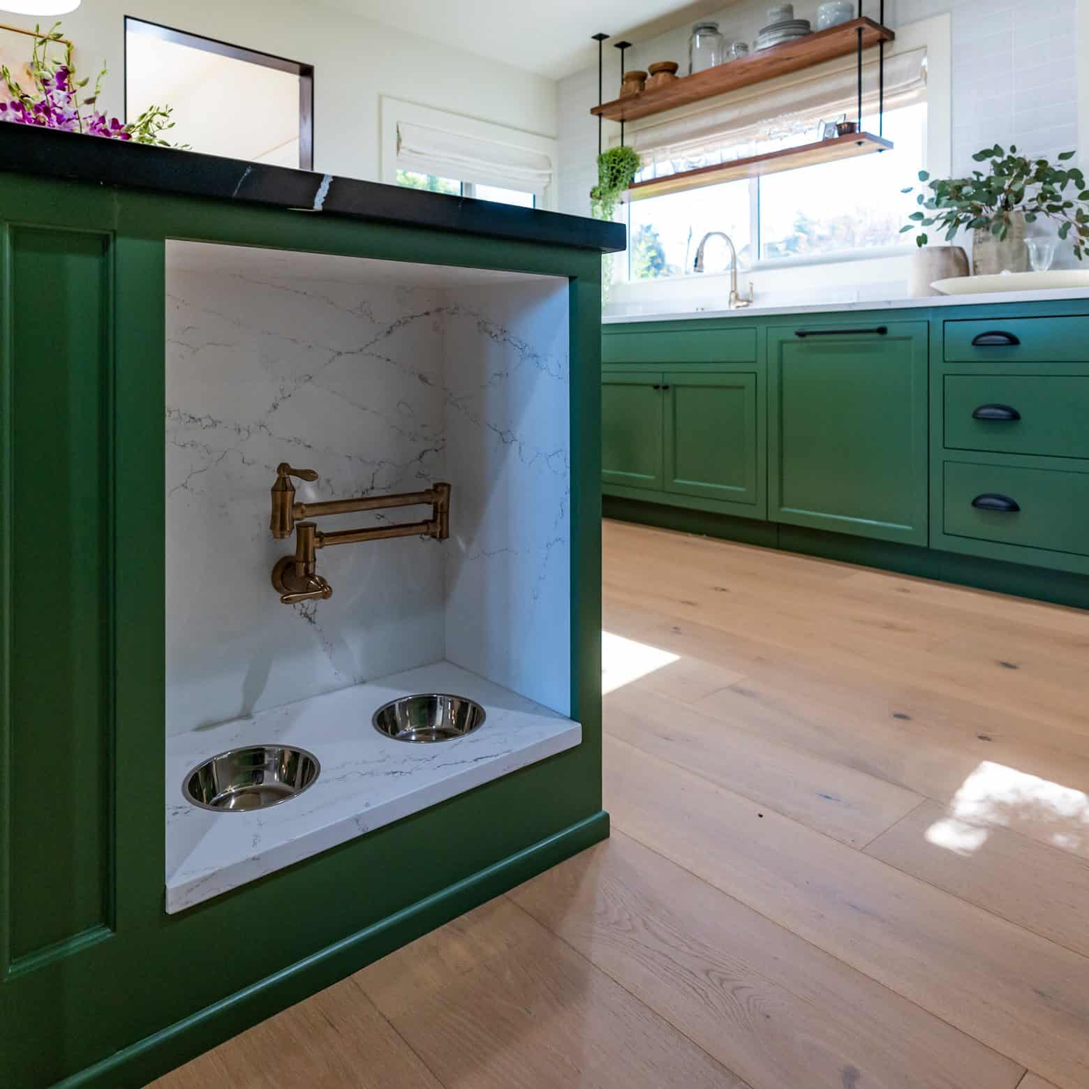 built-in pet food station in kitchen island
