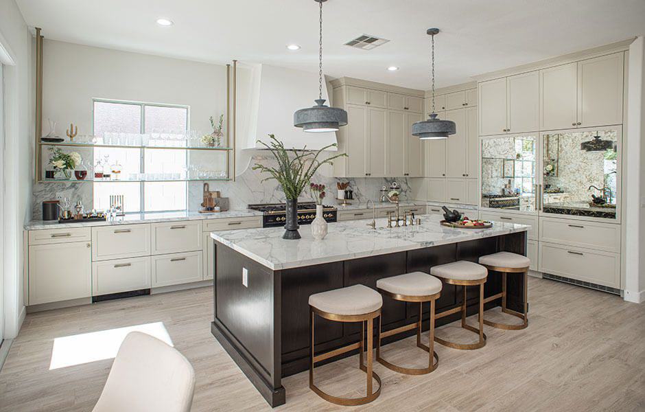 Modern kitchen interior with white cabinetry and central island