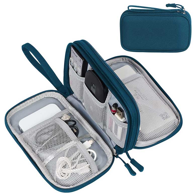 Blue travel organizer case with mesh pockets holding cables, chargers, and electronic accessories