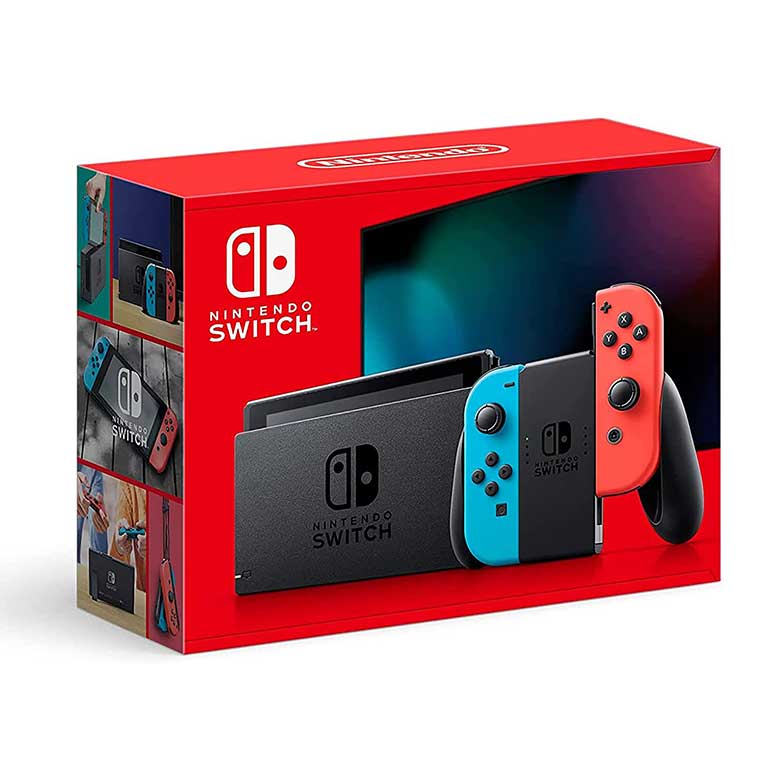 Nintendo Switch console packaging featuring the console with red and blue Joy-Con controllers