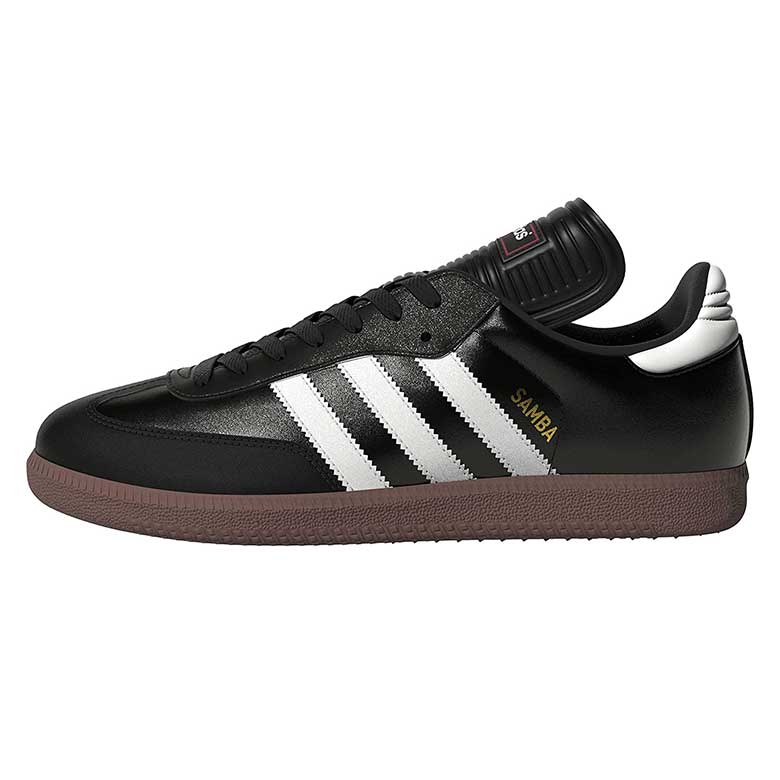 Black Adidas Samba sneaker with white stripes and gum sole