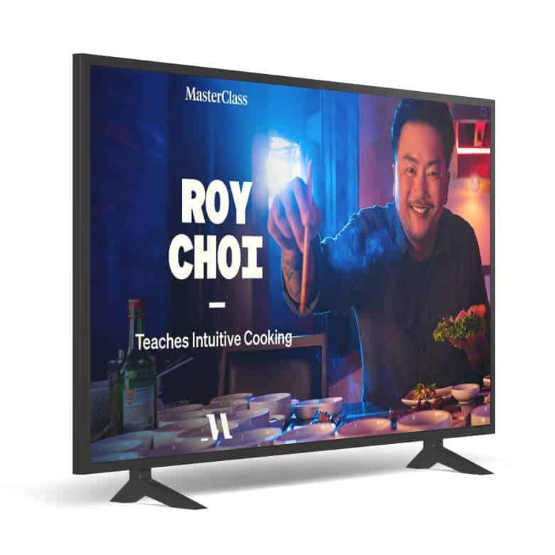 Flat-screen TV displaying a MasterClass featuring Roy Choi teaching intuitive cooking