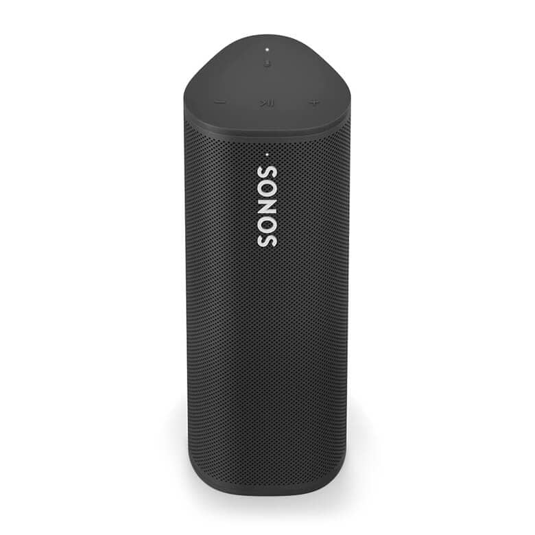 Black Sonos portable Bluetooth speaker with control buttons on top and a sleek, vertical design