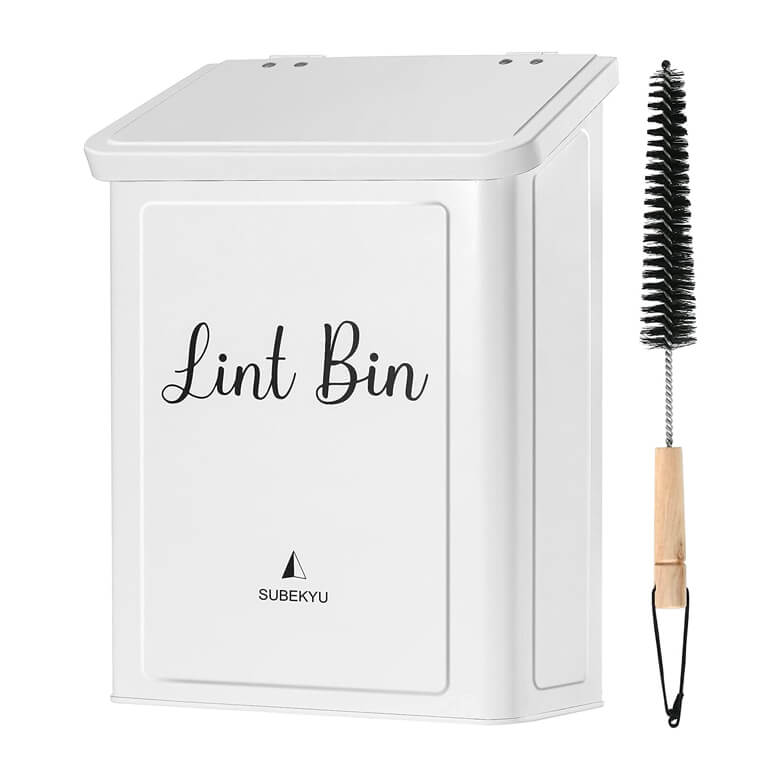 White lint bin with lid labeled "Lint Bin," shown alongside a cleaning brush with a wooden handle