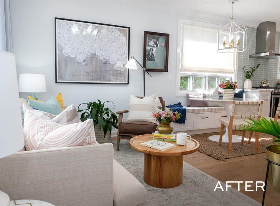 Cozy, remodeled living and dining space featuring neutral tones, vibrant accents, and natural light