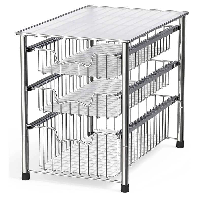 Three-tier metal storage rack with pull-out wire baskets and a flat top surface.