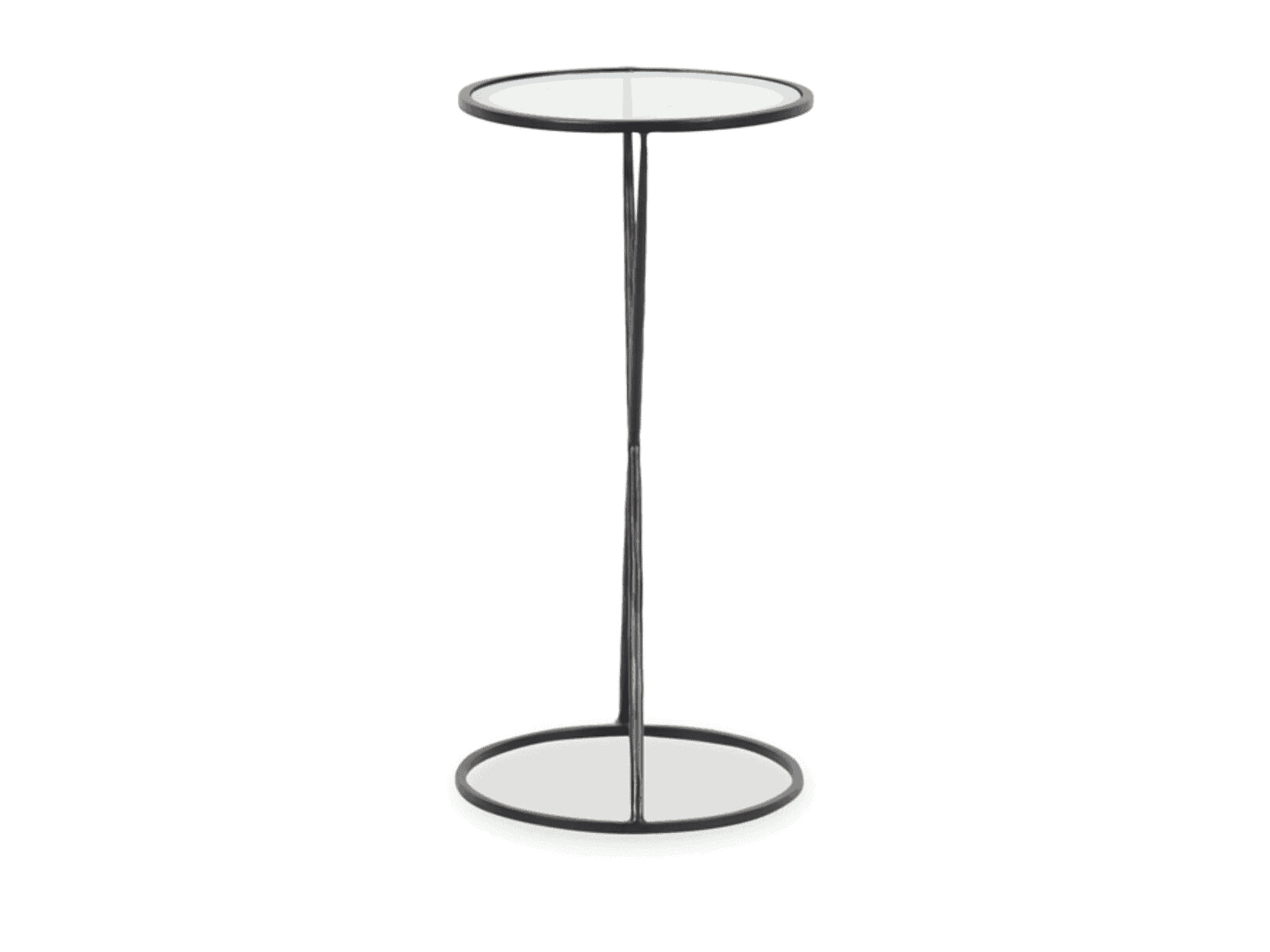 Tall round side table with a slim black metal frame and mirrored top