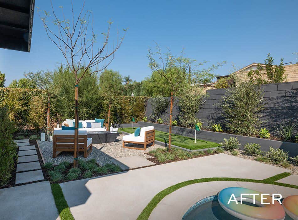Modern backyard with patio seating, young trees, landscaped greenery, and a small pool