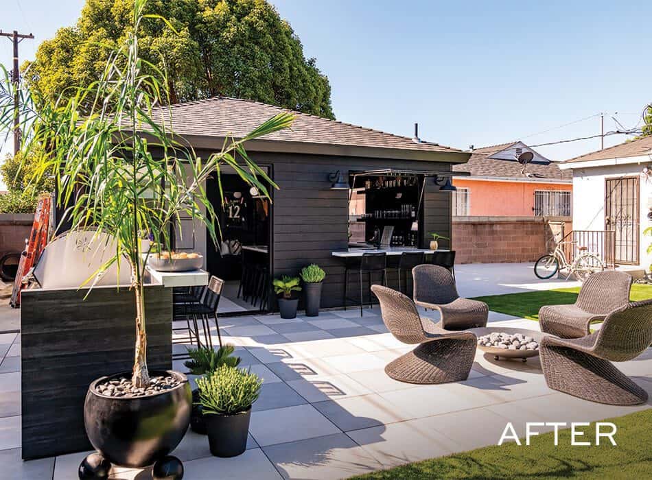 An after image of a modern backyard with a bar, outdoor seating, a fire pit, and lush landscaping