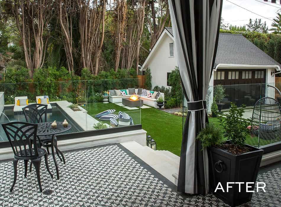 Stylish backyard with pool, lounge area, fire pit, and patterned patio tiles