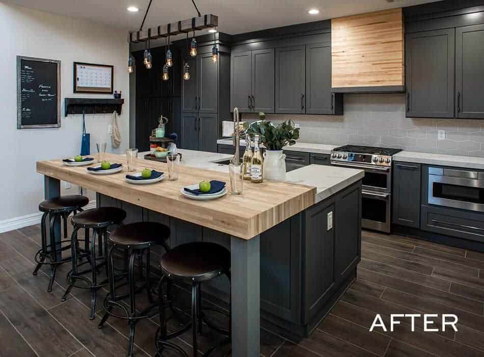 After image of a modern kitchen with dark cabinets and wood countertops