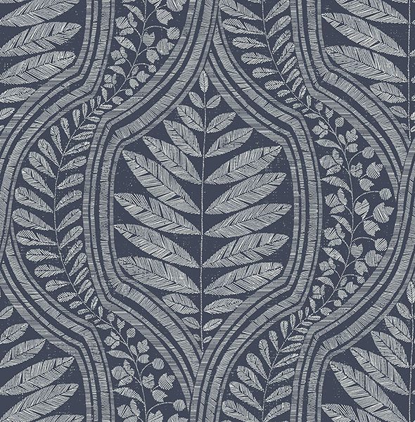 Dark blue wallpaper with silver botanical leaf patterns in a repeating design