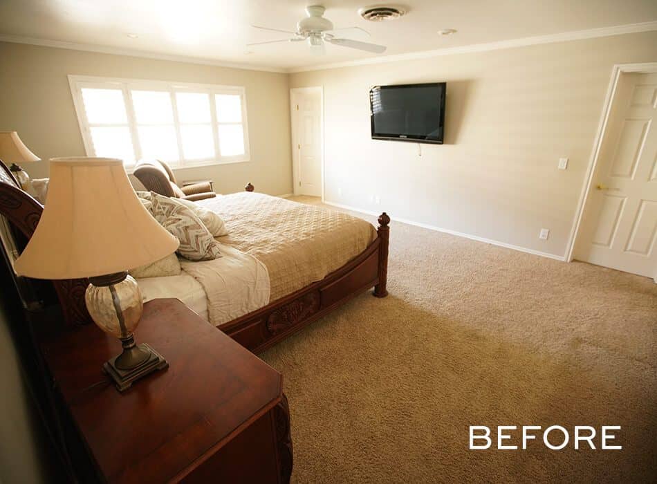 Outdated bedroom with neutral decor and traditional wooden furniture