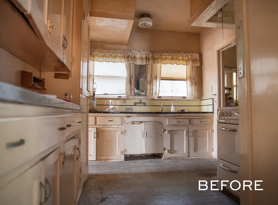 Old kitchen with worn cabinets, outdated appliances, lace curtains, and a “Before” label in the corner