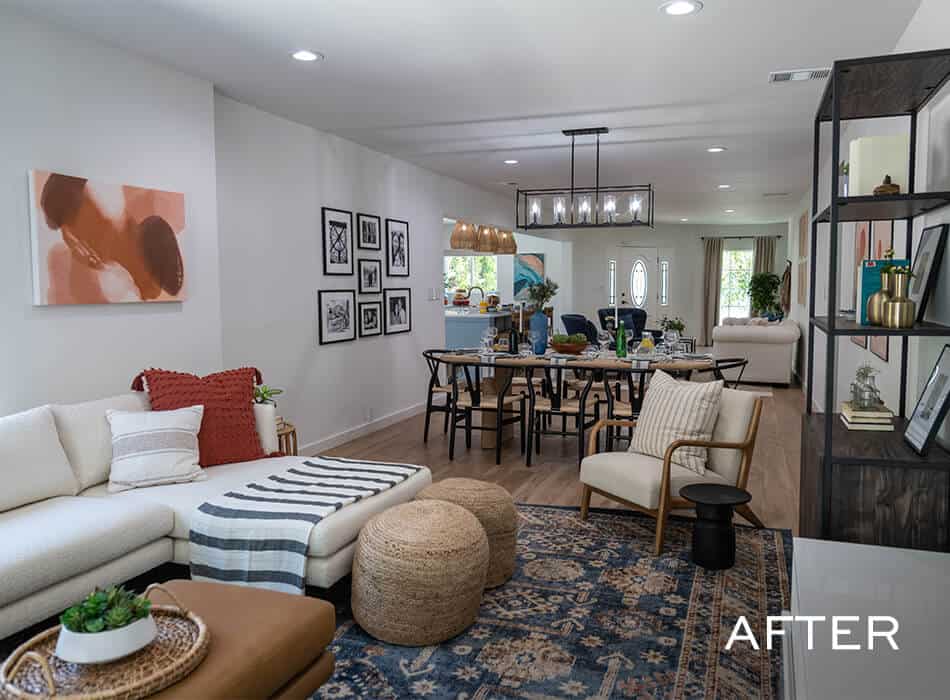 Renovated living and dining area with sectional sofa and dining set