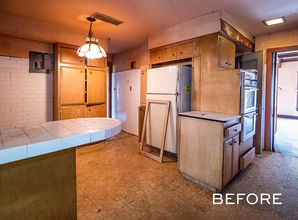Before image of an outdated kitchen with wood cabinets and tile countertops