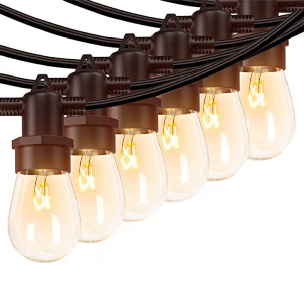 Outdoor string lights with warm glowing bulbs