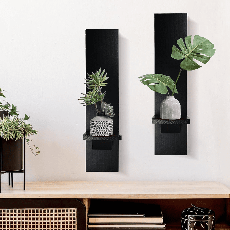 Modern wall decor with two black wooden wall shelves holding decorative vases with green plants