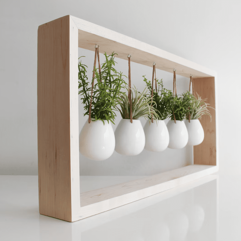 Minimalist wooden frame planter with five white hanging vases holding small green plants