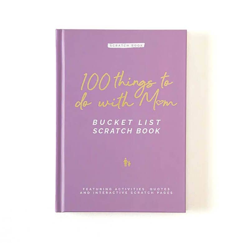 Purple book titled "100 Things to Do with Mom: Bucket List Scratch Book,"