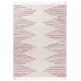A pink and cream rug with a geometric chevron pattern and fringed edges