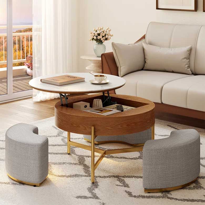 Living room with a sofa, round lift-top coffee table with storage, and two curved gray stools