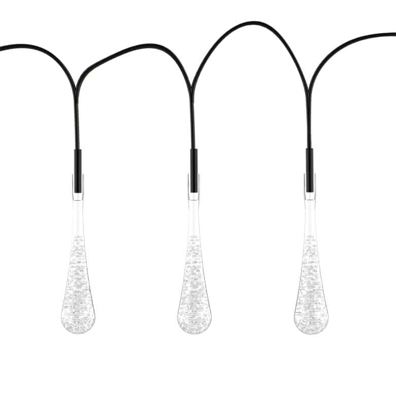 String of hanging LED teardrop lights with clear textured bulbs on a black cord