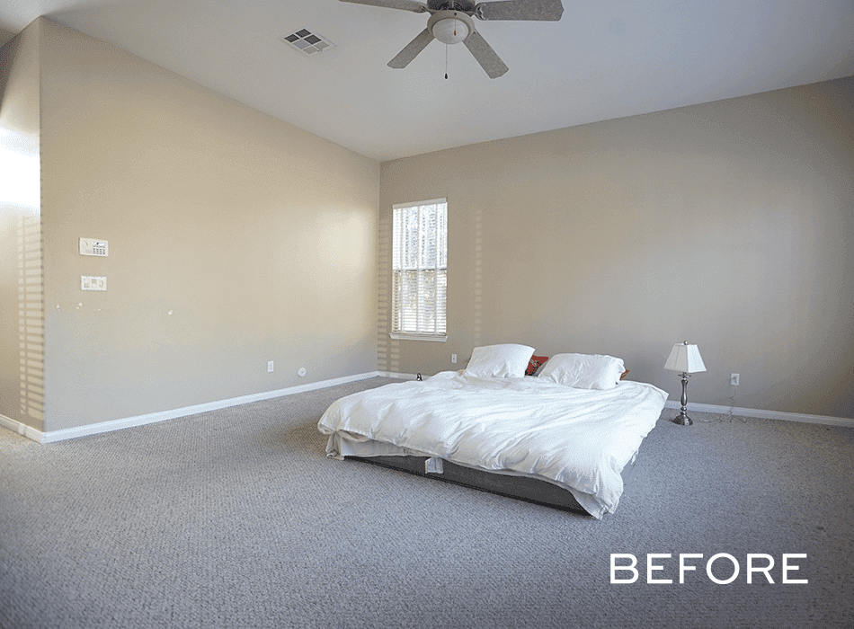 Before image of a minimalist bedroom with beige walls, simple bedding, and a ceiling fan