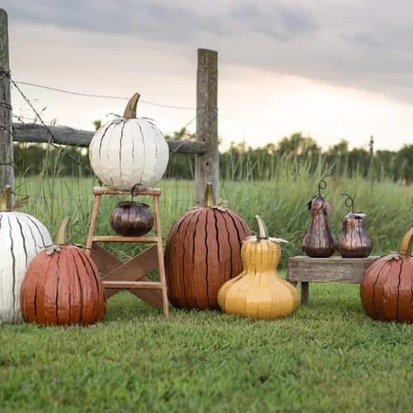 Decorative pumpkins and gourds arranged outdoors near a wooden fence