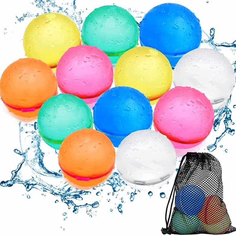 Reusable water balls in different colors with a mesh storage bag