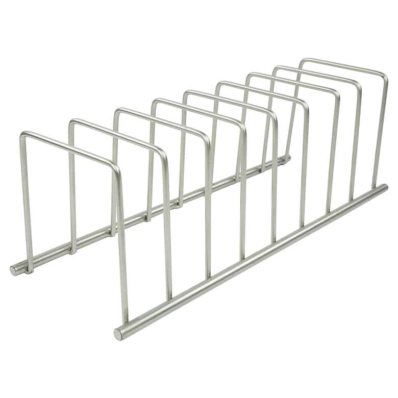A metal rack organizer with multiple slots, designed for holding items like cutting boards, pans, or lids vertically